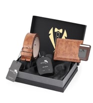 Polo Air Erkek Damat Bohçası Kutulu 4'lü Günlük Şık Set Kemer, Cüzdan, Kartlık, Parfüm P-DMT-0008 (Taba)
