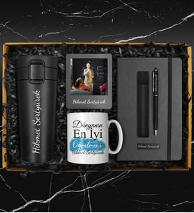 Öğretmenler Gününe Özel Defter & Özel Tasarım Kupa & 400 ML Otomatik Basmalı Çelik Termos & Deri Kılıflı Touch Pen Kalem & Fotoğraf Çerçevesi