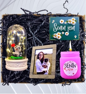 Kişiye Özel Fotoğraflı Set & Işıklı Tatlı Pandalı Fanus & Kokulu Pembe Mum