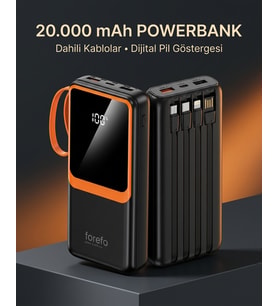 1. Çoklu Çıkışlı 20000 mAh Powerbank Entegre Kablolu Dijital Ekranlı Taşınabilir Şarj Cihazı
