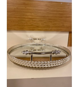 TEPSİ DEKORATİF KULPLU DÖKÜM PİRİNÇ GÜMÜŞ YUVARLAK ÇAP 37 CM