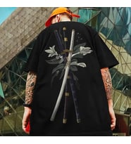 AMOR MAN ÖZEL TASARIM SAMURAY KILICI SIRT BASKILI SÜPER OVERSİZE TREND  ERKEK T-SHIRT (Siyah)