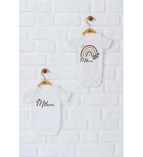 Pia Baby Premium %100 Pamuk İsme Özel Organik Baskılı İkili Set Çıtçıtlı Bebek Body Zıbın Modelleri 5086-17 (Ekru)