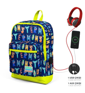 Coral High Kids Lacivert Neon Sarı Monster Desenli Dört Bölmeli  USB Şarjlı Kulaklık Çıkışlı Okul Sırt Çantası 23826