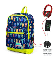 Coral High Kids Lacivert Neon Sarı Monster Desenli Dört Bölmeli  USB Şarjlı Kulaklık Çıkışlı Okul Sırt Çantası 23826