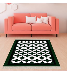 Geometrik Desenli Dijital Baskı Yıkanabilir Kaymaz Taban Modern Salon Halısı (Yeşil-Beyaz)