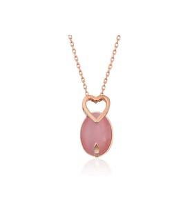 ?Gümüş Pembe Kedi Gözü Taşlı Kalp Kolye CSR2180706