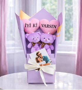 Kişiye Özel Fotoğraflı İyi ki Varsın Tasarımlı Mor Ayıcık Buketi