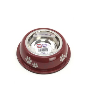 Playfull Pati ve Kemik Desenli Plastik Çerçeve İçinde Çelik Mama ve Su Kabı Kauçuk Tabanlı 1/2 Pint Cat (Bordo)