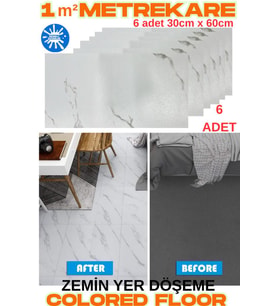 6 Adet 30cm x 60cm Yapışkanlı Colored-605 Floor Pvc Panel Yer Zemin Kaplama Paneli Arkası Kauçuklu