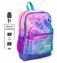 Coral High Pembe-Mavi Flamingo Baskılı İlkokul ve Günlük Sırt Çantası - Kız Çocuk - USB ve AUX Soketli