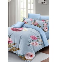 Çift Kişilik ( Lastikli Çarşaflı ) %100 Pamuk Saten Nevresim Takımı Blue Flower