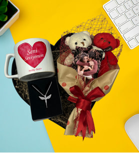 Premium Kalp Kutu Fotoğraflı Ayıcık Buketi Resimli Çay Ve Nescafe Fincanı Gümüş Kaplama Melek Kolye
