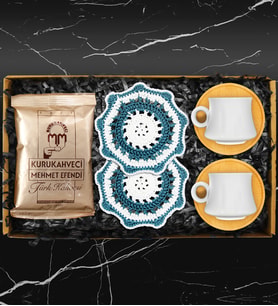 İkili Bambu Tabaklı Porselen Fincan Takımı & Handmade İkili Makrome Bardak Altlığı & Türk Kahvesi