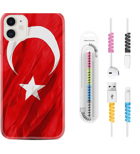 Apple iPhone 11 12 13 Mini Kılıf Kablo Koruma Spiral Silikon Şanlı Türk Bayrağı 4 1401