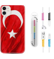 Apple iPhone 11 12 13 Mini Kılıf Kablo Koruma Spiral Silikon Şanlı Türk Bayrağı 4 1401