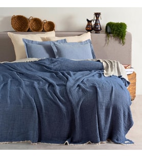 Çift Kişilik, %100 Pamuk 4 Katlı Kaliteli Müslin Yatak Örtüsü, Dekoratif Şık Yumuşak Hafif Yazlık Pike (Lacivert, Çift Kişilik 220x240 cm)