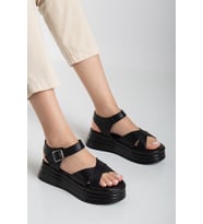 Dadwolf Sade Düz Platform Dolgu Taban Sandalet (Siyah-Siyah)