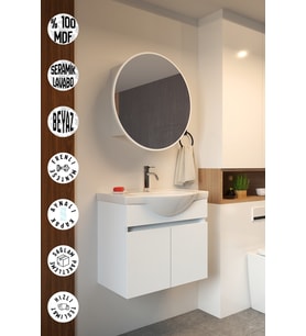 Erciyes 65cm Seramik Lavabolu MDF Oval Aynalı Banyo Dolabı
