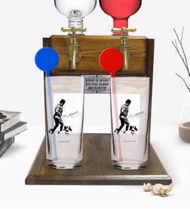 BK Gift Kişiye Özel Renkli Baskılı Atatürk Temalı İkili Vodka Bardağı ve Çift Musluklu Doğal Ahşap Vodka Standı-16 (Model 1)