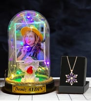 Size Özel Renkli Led Işıklı Fanus ve Gerçek Ametist Taşlı Lotus Kolye - Premium Hediye Seti (Model 4)