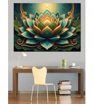 Geometrik Turkuaz Lotus Çiçeği Mandala Dekoratif Kanvas - Mdf Ahşap Tablo