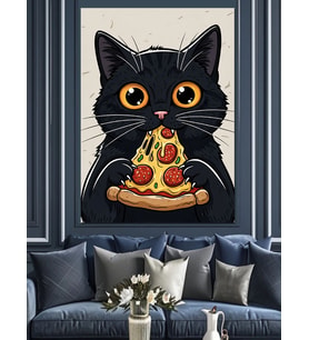 Pizza Yiyen Siyah Kedi Karakteri Dekoratif Kanvas - Mdf Ahşap Tablo
