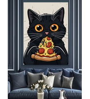 Pizza Yiyen Siyah Kedi Karakteri Dekoratif Kanvas - Mdf Ahşap Tablo