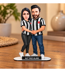 Kişiye Özel 2 Kişilik Siyah Beyaz Sevgili Taraftar Karikatürlü 18 cm MDF Masaüstü Biblo - Futbol Temalı Hediye Futbol Severlere ve Spor Tutkunlarına Hediye