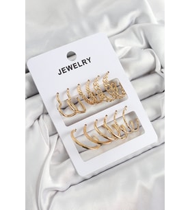 Pirinç Karışık Halka Model Gold Renk 6 Çift Kadın Küpe Set (Altın)
