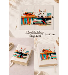 Kitapsever Kediler Curious Library Cat 38x27 cm Büyük Boy Kitap Kılıfı Orta Boy, Hafız Boy ve Rahle Boy Kur'an Uyumlu