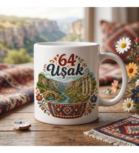 64 Uşak Kanyon Taş Köprü Kilim ve Çiçek Temalı Memleket Seramik Kupa