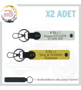 Sürücülere Özel, İsim Plaka ve B Rh (-) Kan Grubu Yazılı Hediye x2 Set Anahtarlık , Sarı-Beyaz-Laci (Çok Renkli)