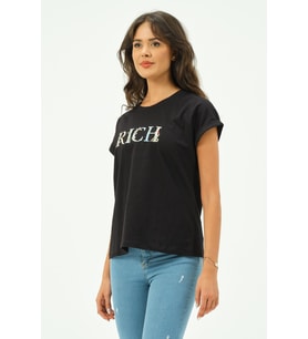 Siyah Kadın Rich Nakışlı Tişört tshirt