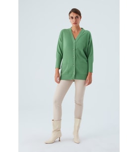 Peraluna NICOLA LONG CARDIGAN Cepli Klasik Kesim V Yaka Uzun Kadın Triko Hırka - Yeşil