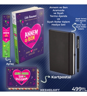 Annem ve Ben Aramızda Günlüğü Karpostal-Ayraç ve Siyah Termo Deri ve Siyah Roller Kalem Seti