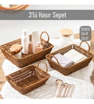 Porsima 301-C Dikdörtgen 3'lü Hasır Sepet Dekoratif Ev Düzenleyici Kendinden Kulplu Hasır Sepet Seti Banyo Düzenleyici Sepet