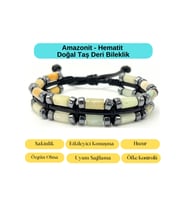 Sertifikalı Amazonit ve Hematit Makrome Doğal Taş Deri Erkek Bileklik