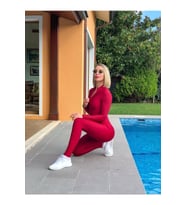 Bordo Yakası Fermuarlı Uzun Kollu Spor Tayt Tulum