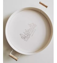 Ahşap Saplı Baskılı Yuvarlak Metal Tepsi Çay-Kahve&Kahvaltı Servis Tepsisi 37 Cm (KREM)