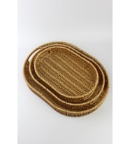 3 lü Rattan Tepsi Dekoratif Tepsi Hasır Örme Tepsi Oval Krem