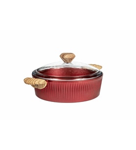 26 cm Febern Premium Bio Granit Alüminyum Döküm Nisch Tencere (Metalik Kırmızı-Açık Ahşap Kulp) (Ceviz)