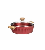 26 cm Febern Premium Bio Granit Alüminyum Döküm Nisch Tencere (Metalik Kırmızı-Açık Ahşap Kulp) (Ceviz)