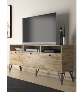 Wood'n Love Rhea 160 Cm Dolaplı, Minifiks Bağlantı, Geniş Tv Ünitesi - Konsol - Atlantik Çam / Siyah