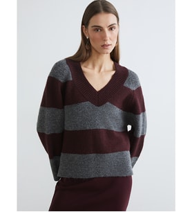 LCWAIKIKI Classic Bordo V Yaka Çizgili Oversize Kadın Triko Kazak