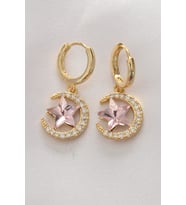 Pirinç Gold Renk Pembe Zirkon Taşlı Yıldız Detay Ay Küpe - TJ-BKP8965