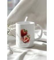 Çilek Desenli 330ml Baskılı Beyaz Seramik Kupa Bardak