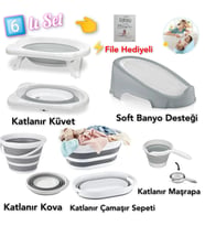 YOGH Bebek Banyo SETİ Katlanır Küvet Seti Bebek Banyo Takımı FİLELİ Katlanabilir Küvet SET 6 parça (Beyaz-Gri)
