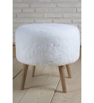 Yuvarlak Beyaz Peluş Puf Ahşap Ayak