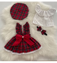 Moda Lina Kız Bebek Dantelli Kırmızı Ekose Salopet Şapka Bandana ve Bluz Set